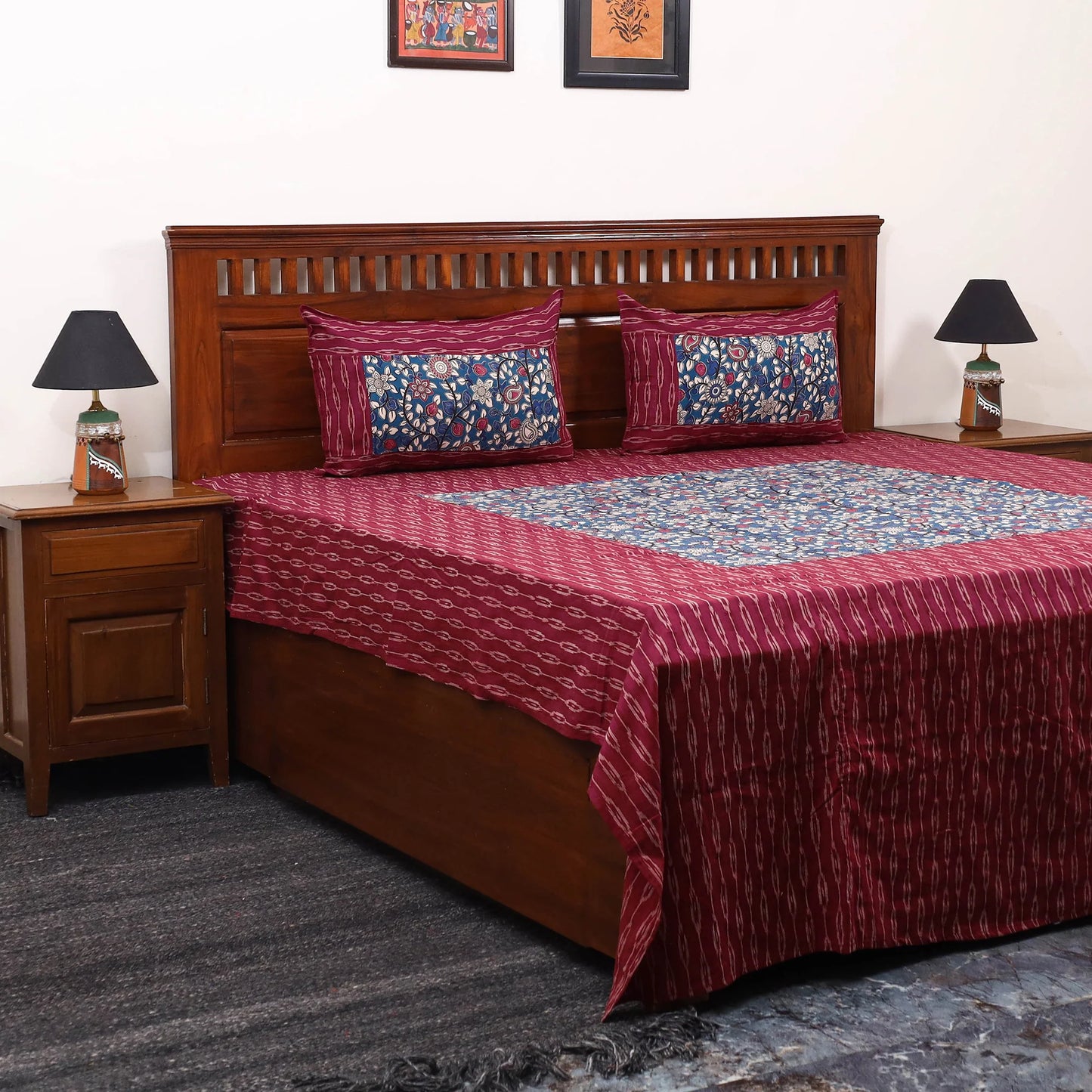 Maroon - Pochampally Ikat with Kalamkari Patch Cotton Bedsheet