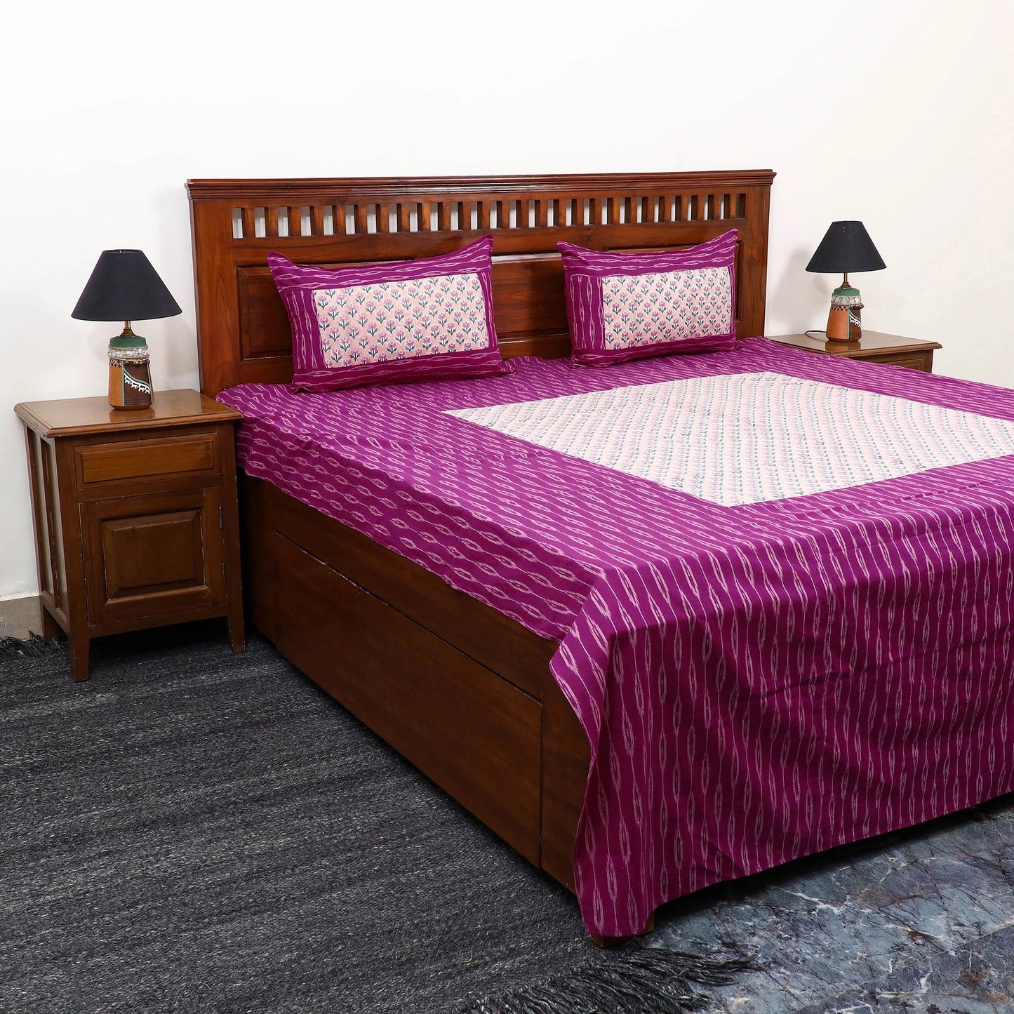 Maroon - Pochampally Ikat with Kalamkari Patch Cotton Bedsheet