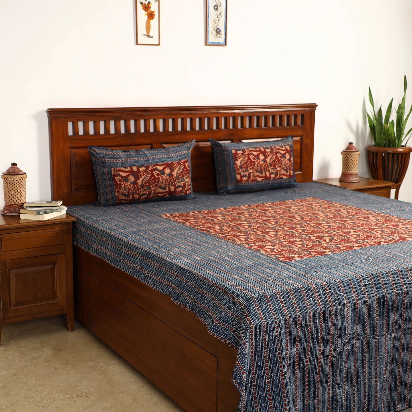 Maroon - Pochampally Ikat with Kalamkari Patch Cotton Bedsheet