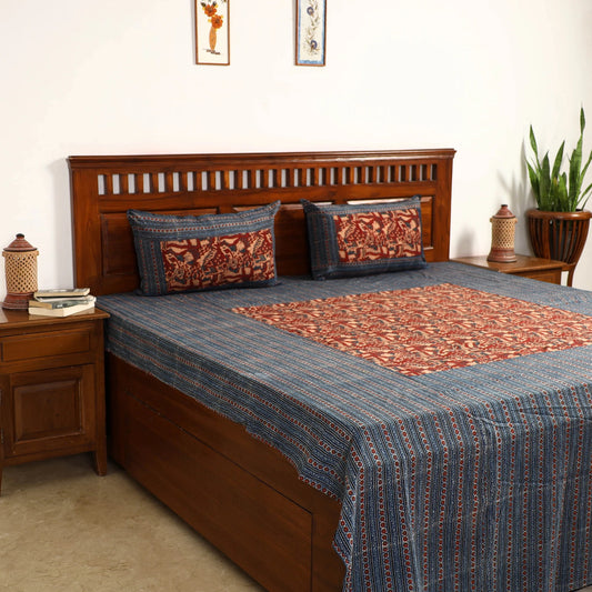 Maroon - Pochampally Ikat with Kalamkari Patch Cotton Bedsheet