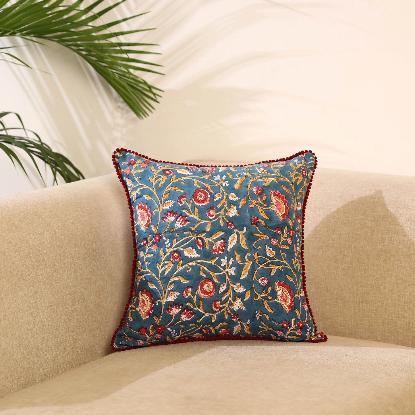 Red - Block Print Cotton Sanganeri Cushion Cover