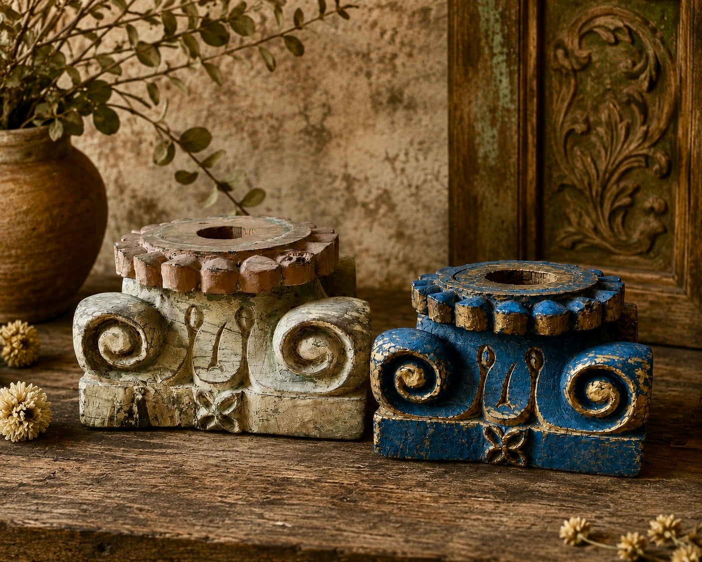 Vintage Wooden Ornate Pillar Base