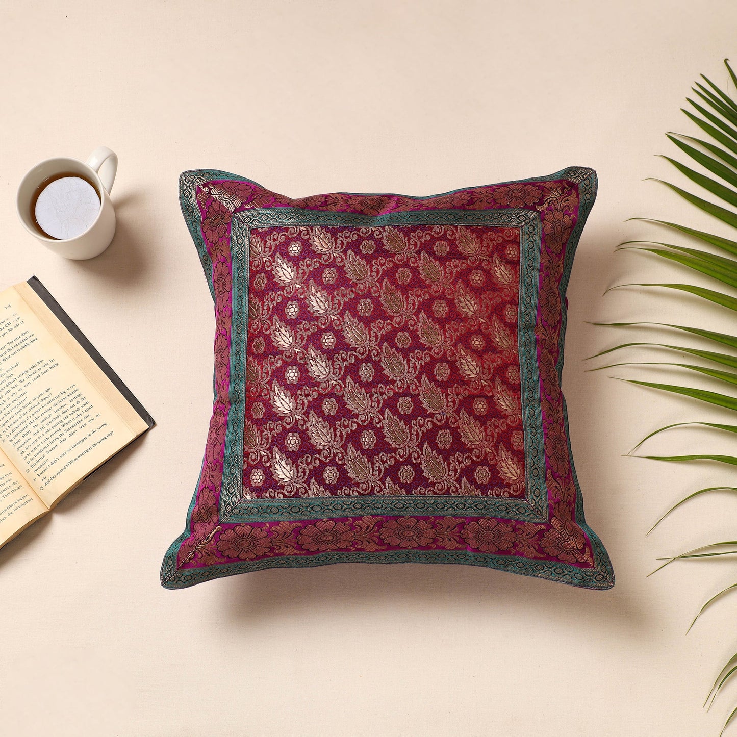 Maroon - Traditional Pure Banarasi Silk Handwoven Zari Cushion Cover - SKU / BCC 1